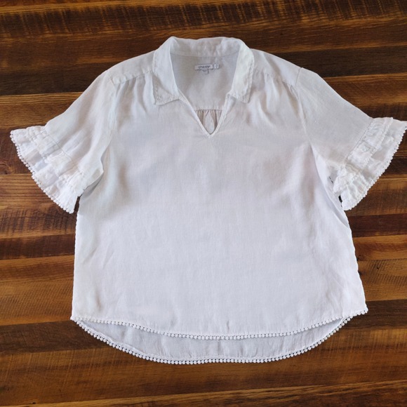 Chico's Tops - Chico's Ruffle Sleeve White 100% Linen Blouse Pom Pom Trim Women's 18 Lagenlook